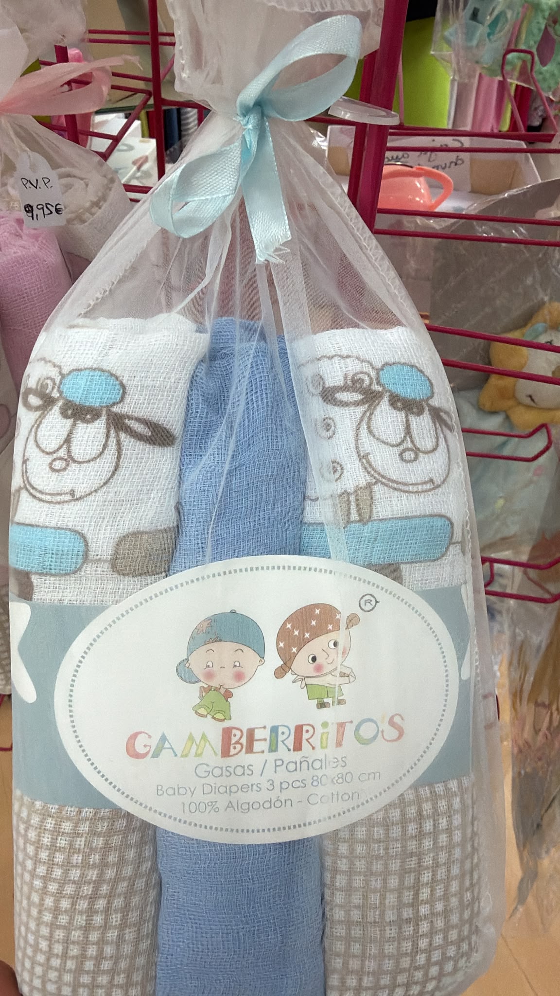 Pack de 3 gasas de algodón 80x80 cm – Ovejitas Celeste (Gamberritos) — fotografía del producto