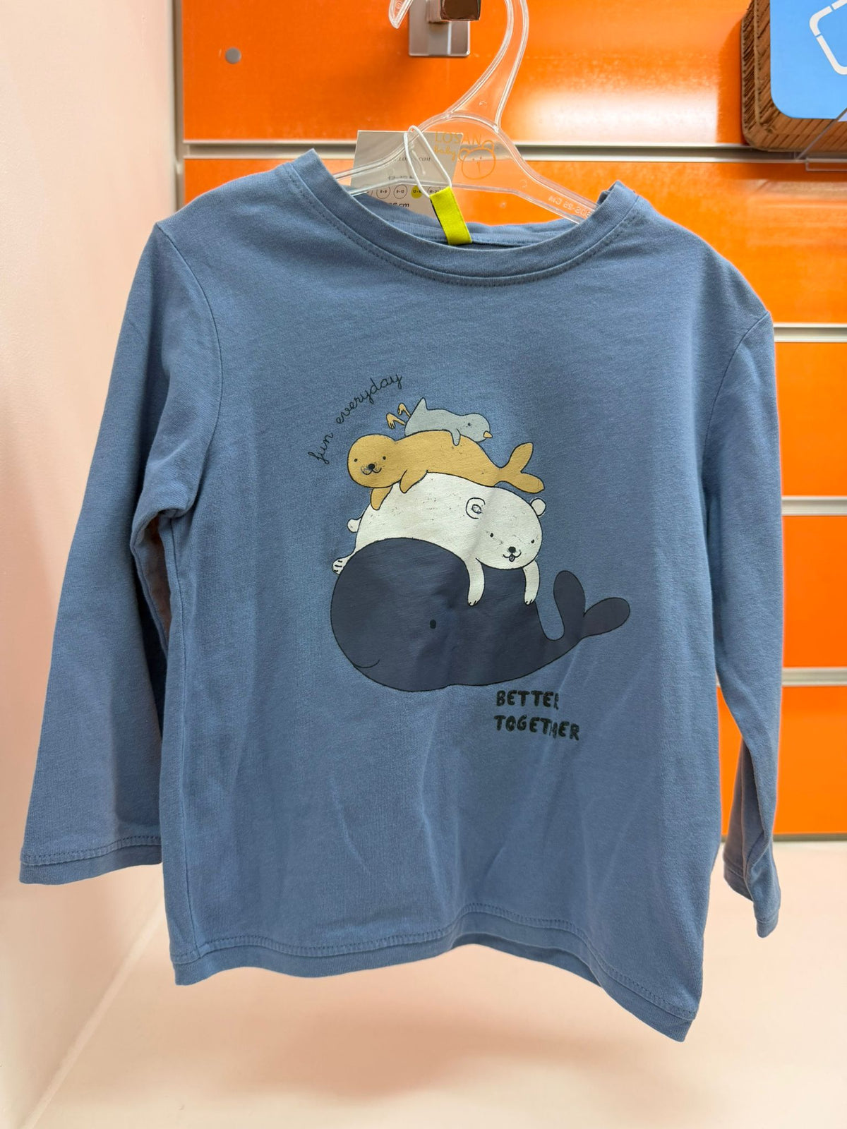 Camiseta bebé Losan azul con animales marinos, talla 12-18 meses