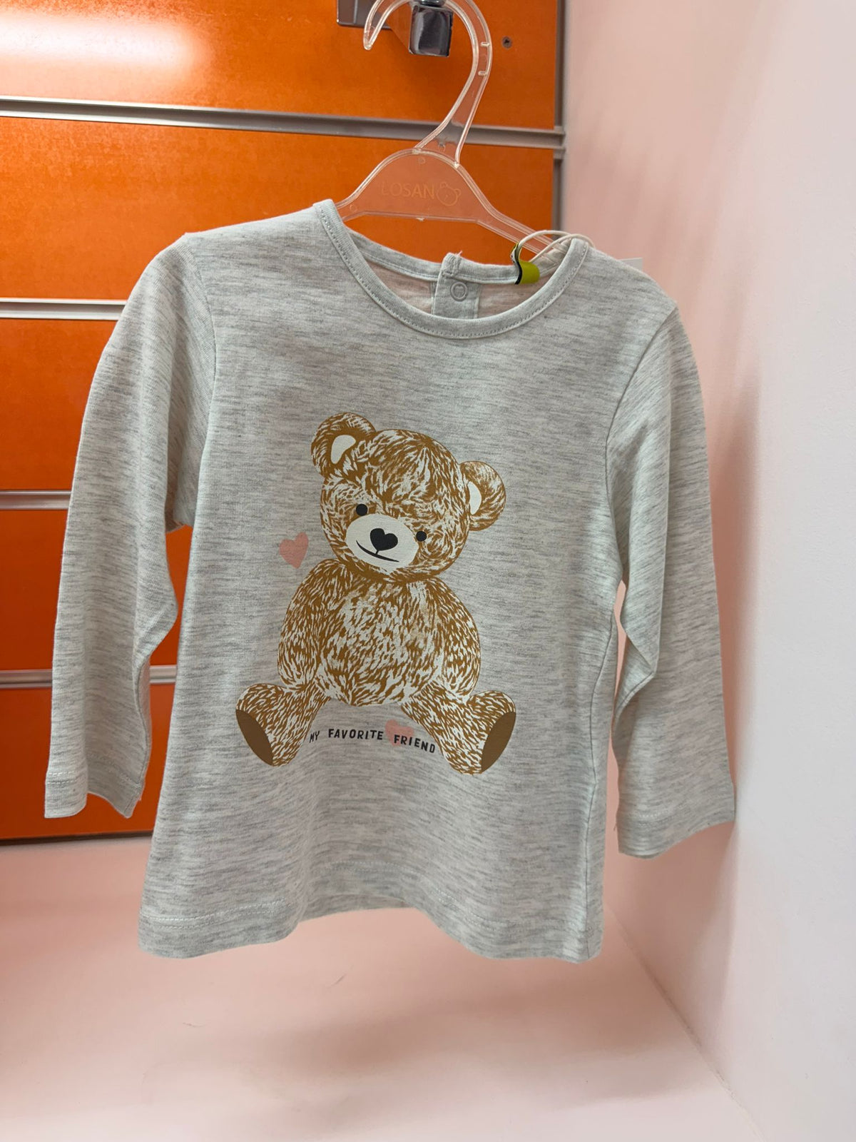 Camiseta bebé Losan gris con oso Teddy, talla 6-9 meses / 74 cm