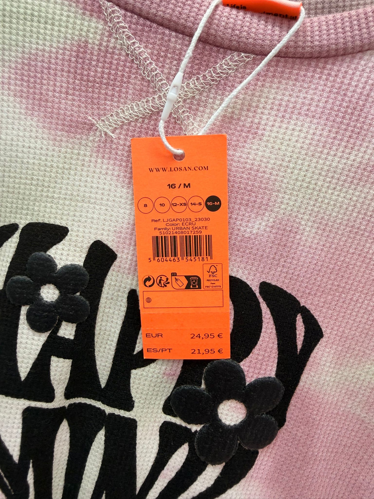 Prenda juvenil Losan Urban Skate en tonos ecru y rosa, talla 16