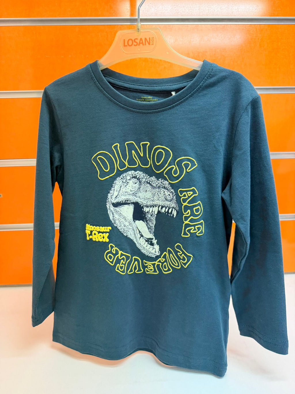 Camiseta niño Losan azul oscuro con estampado de dinosaurio T-Rex, talla 3 años