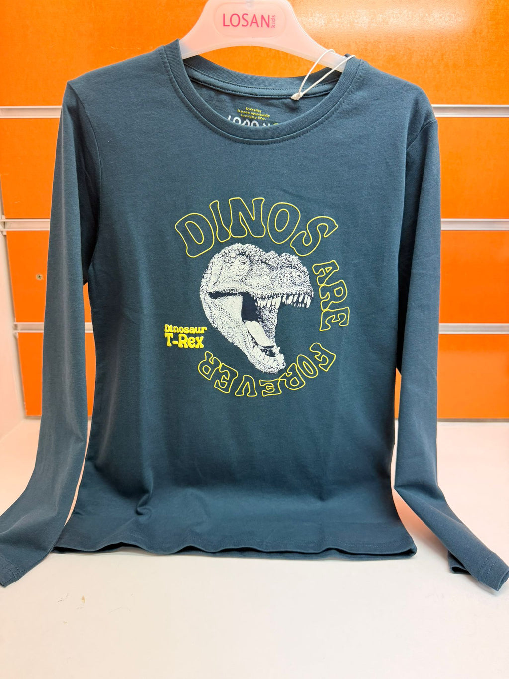 Camiseta niño Losan azul oscuro con estampado de dinosaurio T-Rex, talla 7 años