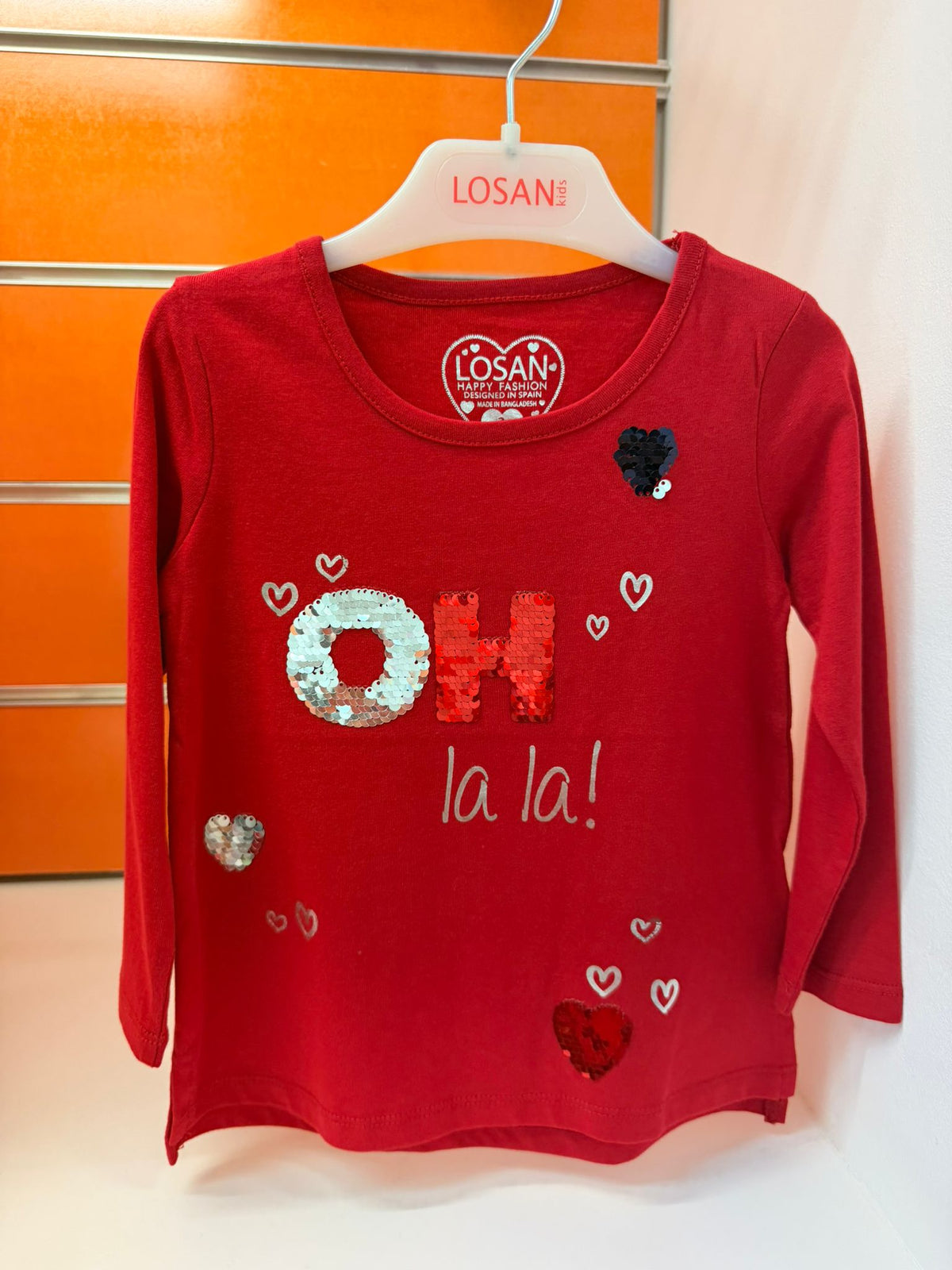 Camiseta niña Losan roja Oh la la con lentejuelas, talla 2 años