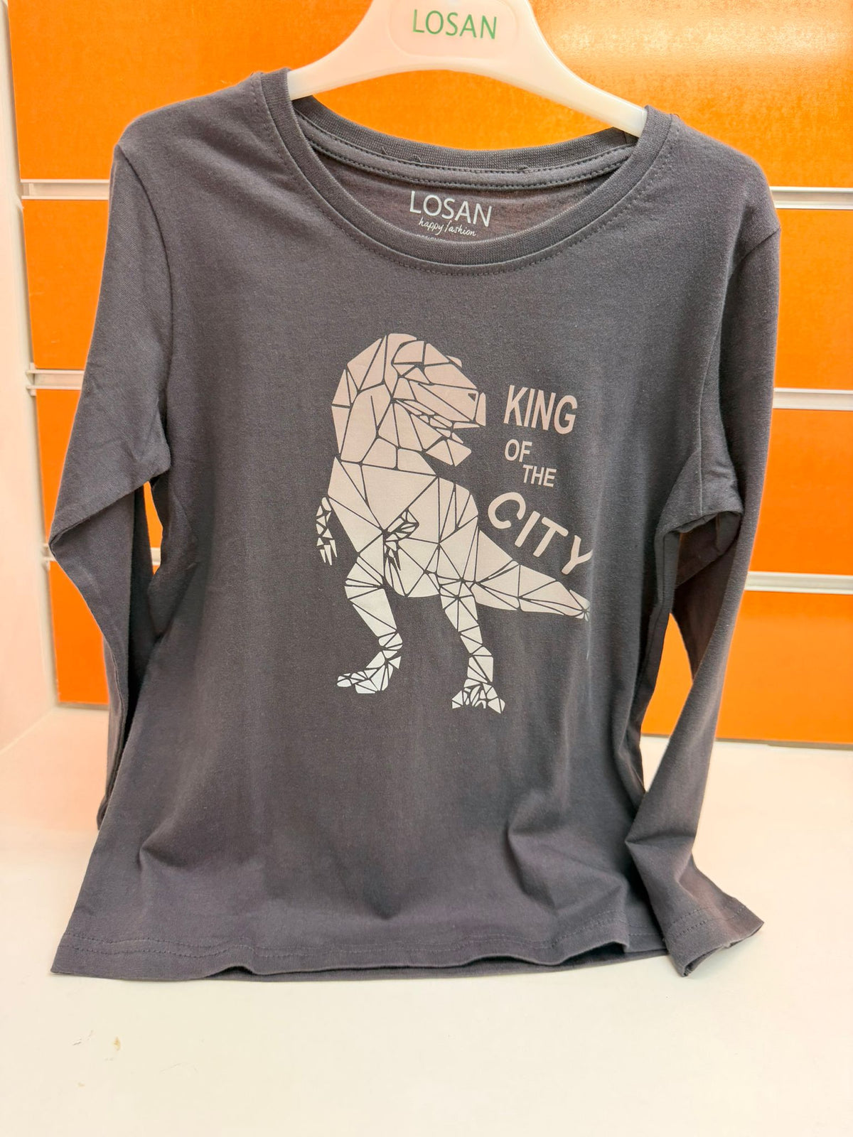 Camiseta niño Losan de manga larga gris con dinosaurio King of the City talla 6 años