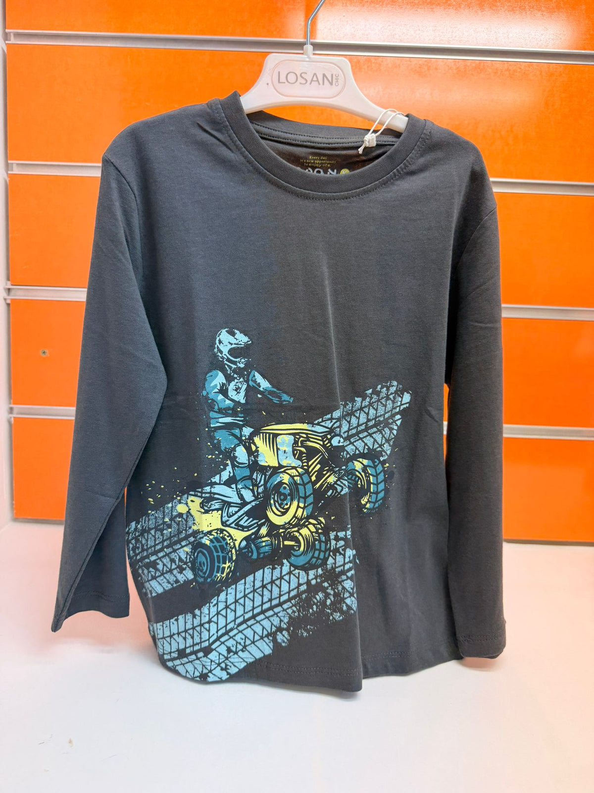Camiseta niño Losan gris oscuro con estampado de motocross, talla 4 años