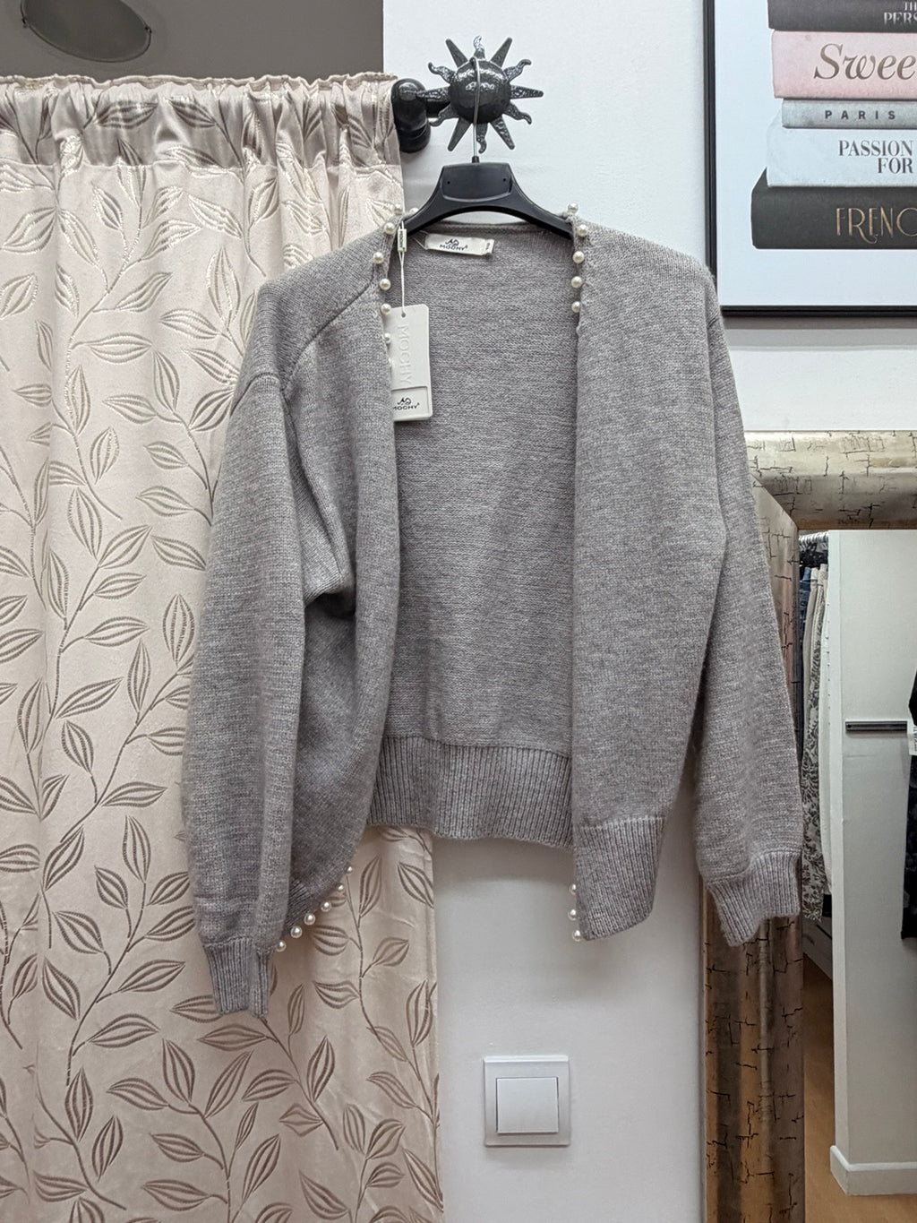 Chaqueta de punto gris para mujer con detalle de perlas
