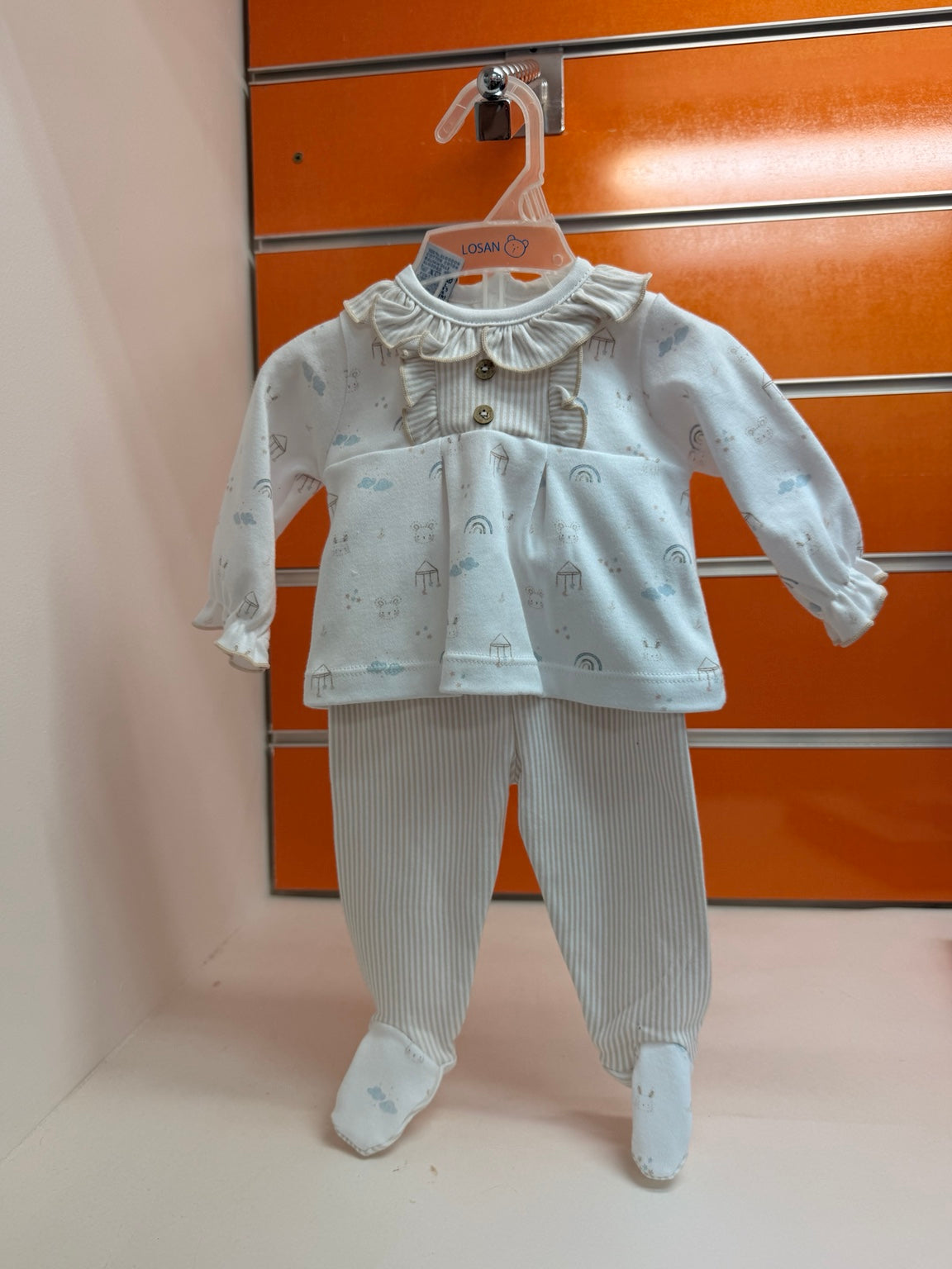 Conjunto bebé Babidu arena y azul con estampado y pantalón con pies