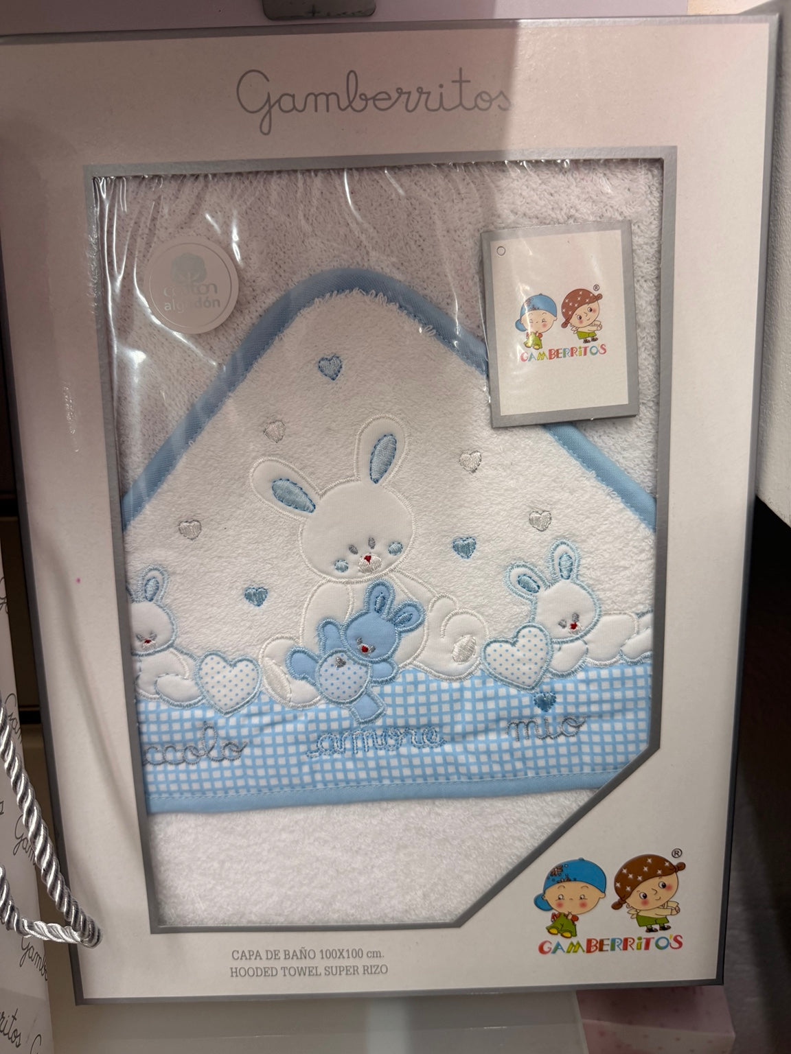 Capa de baño Gamberritos 100x100 cm con conejitos en blanco y azul