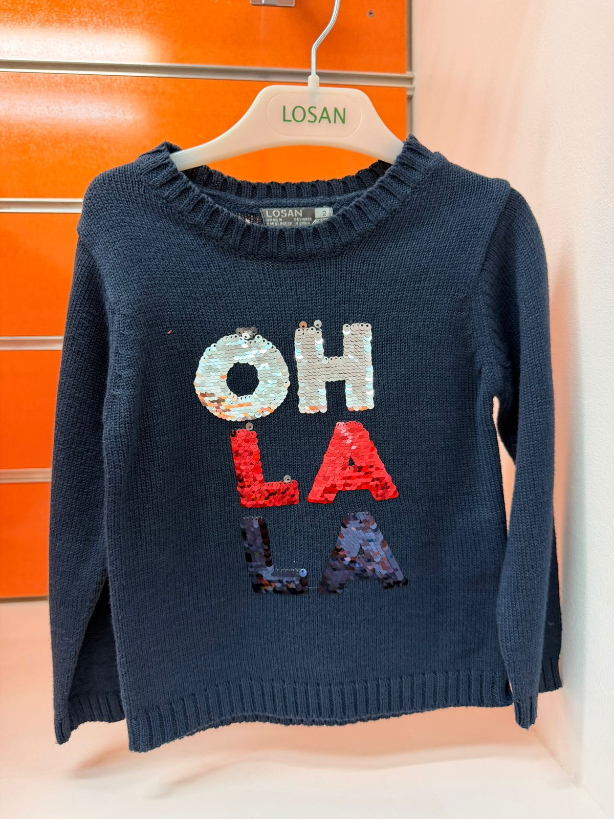 Jersey niña Losan azul marino OH LA LA con lentejuelas, talla 2 años
