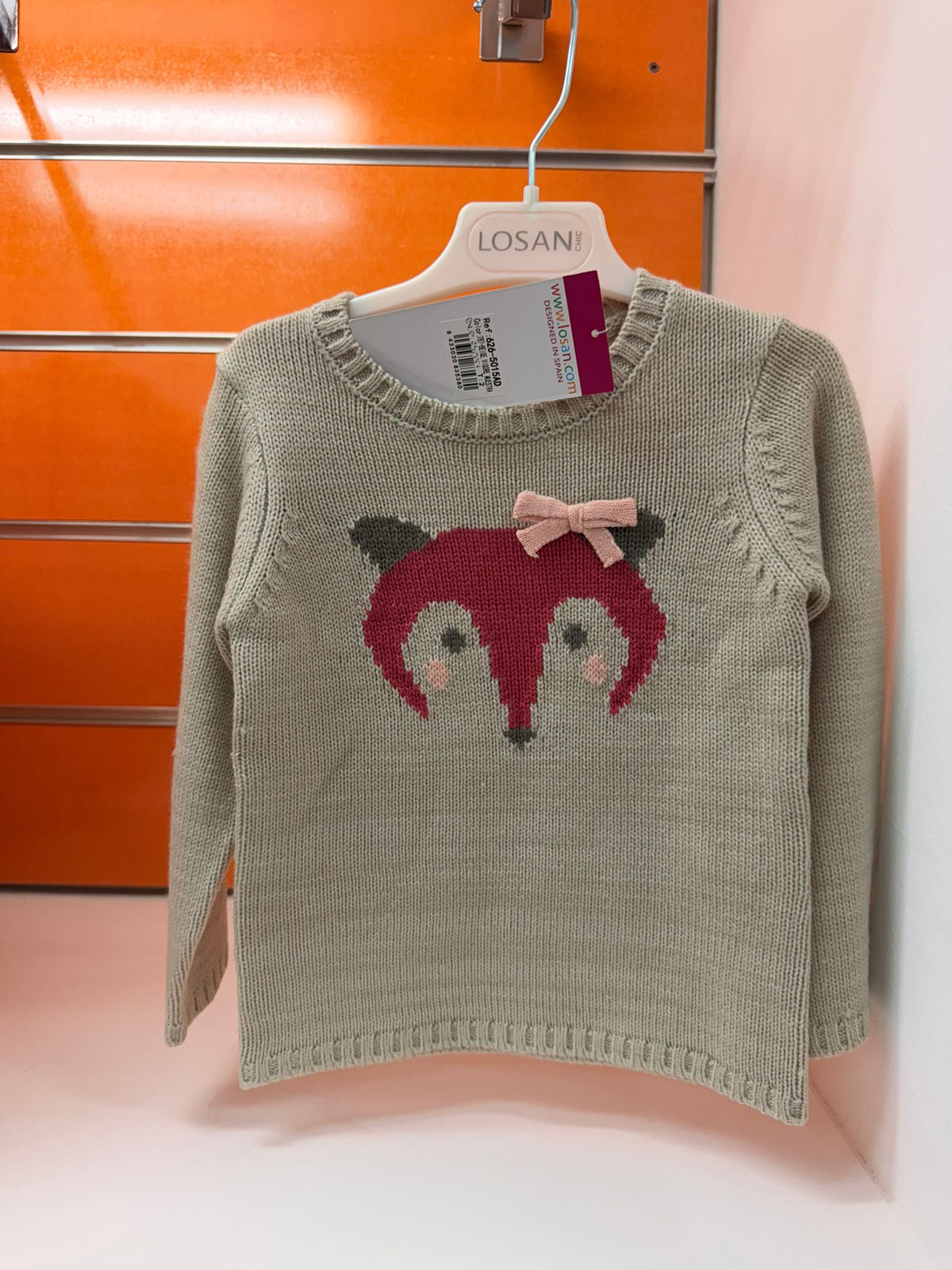 Jersey niña Losan beige con zorro y lazo, talla 2 años