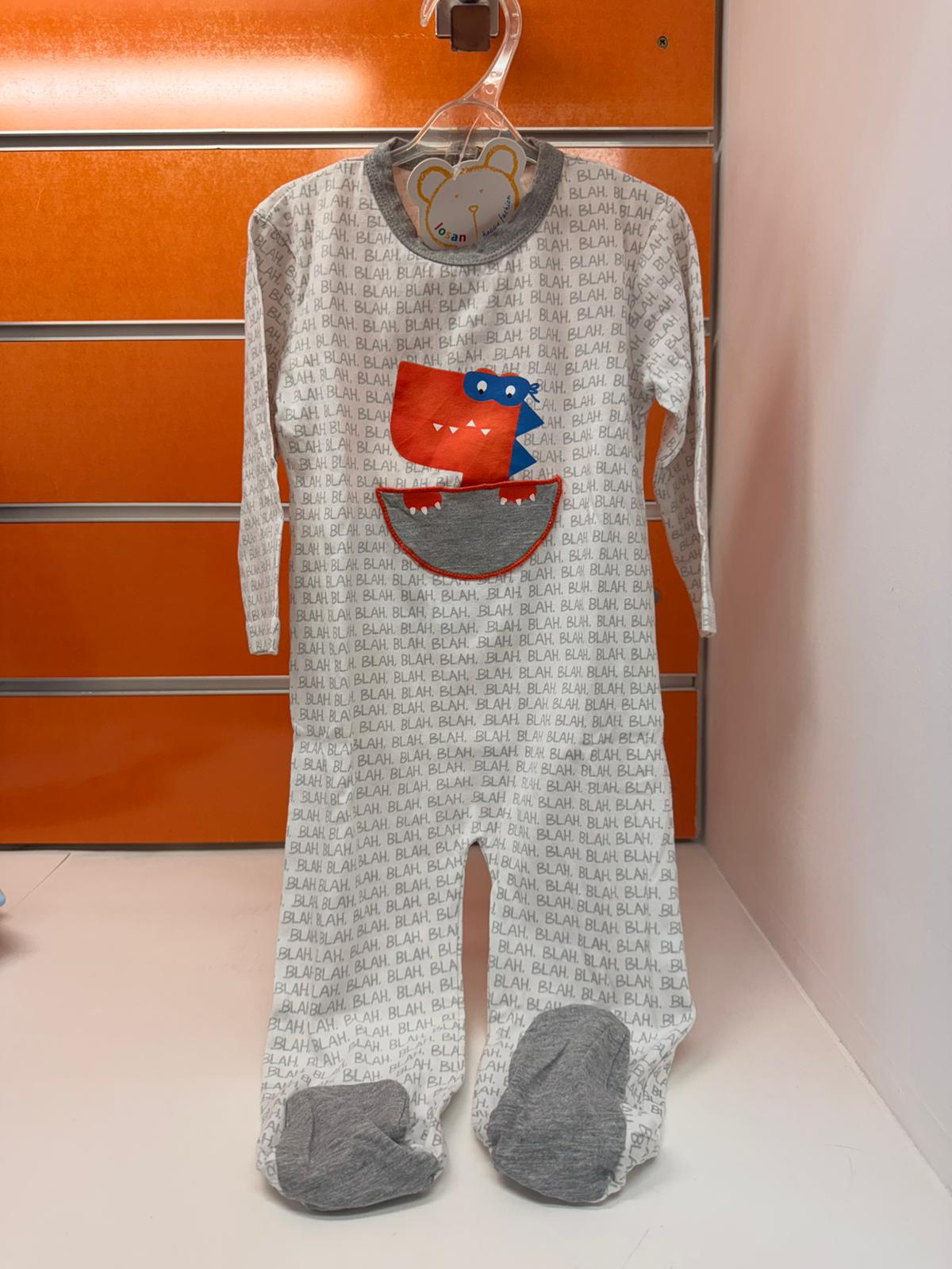 Pelele bebé gris con dinosaurio y estampado Blah, talla 9-12 meses