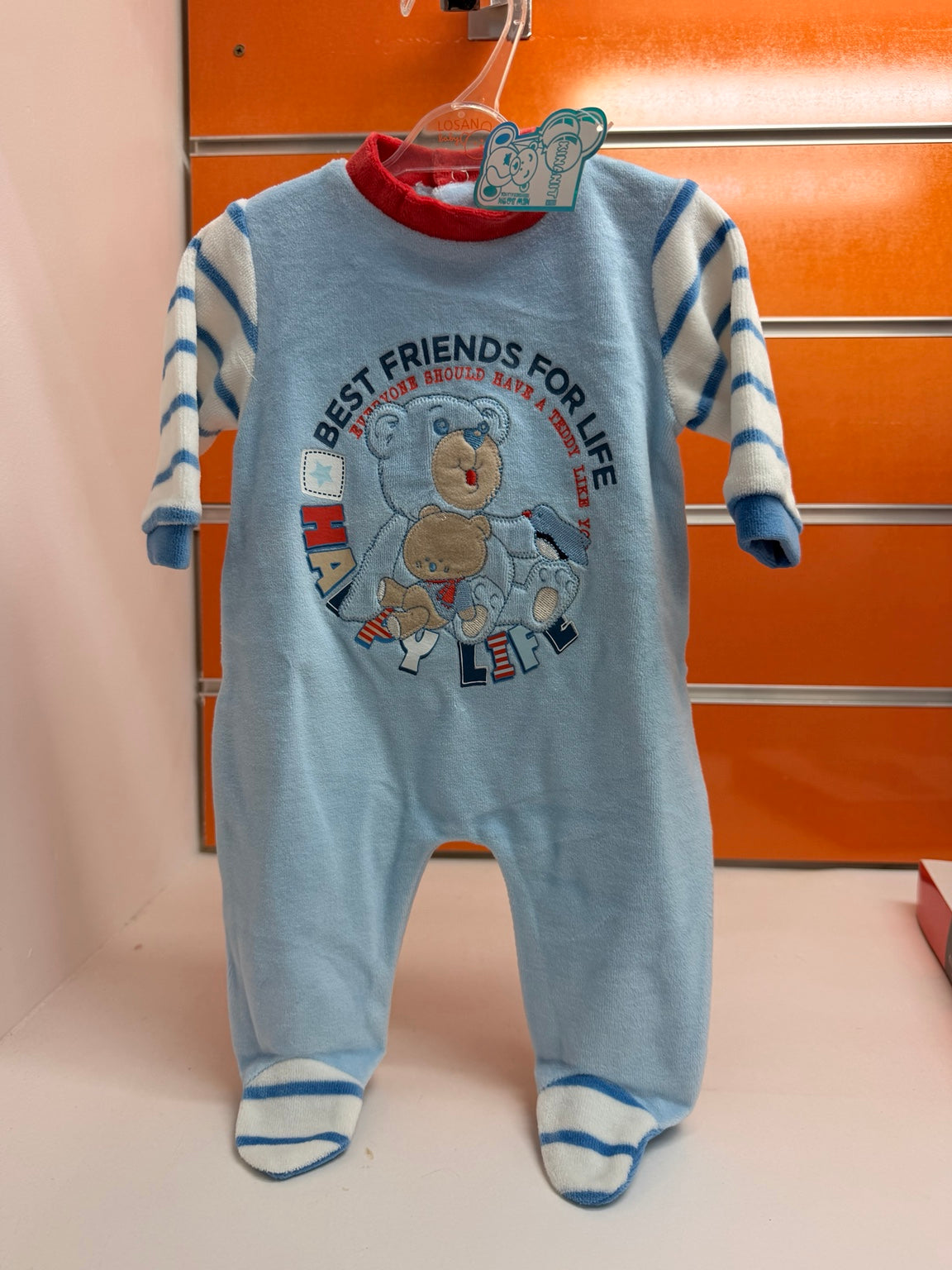 Pelele bebé Kinanit azul con osito y detalles en rojo