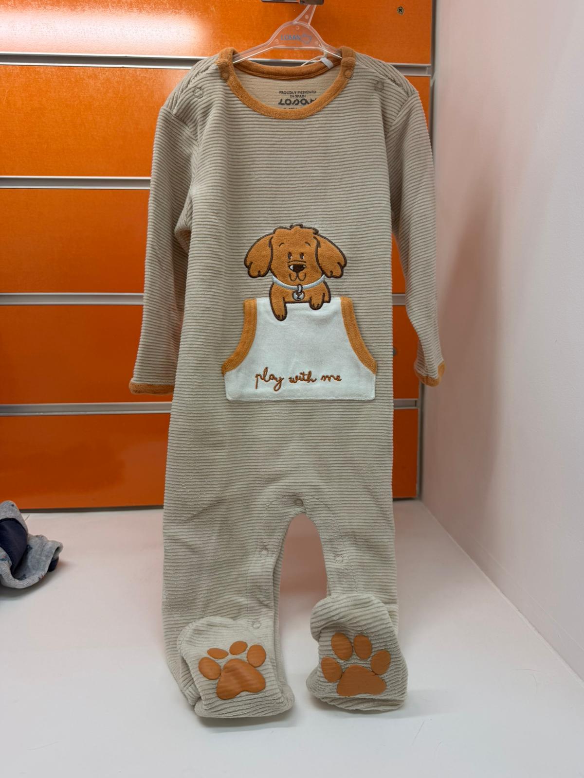 Pelele bebé Losan beige con perrito y bolsillo, talla 9-12 meses