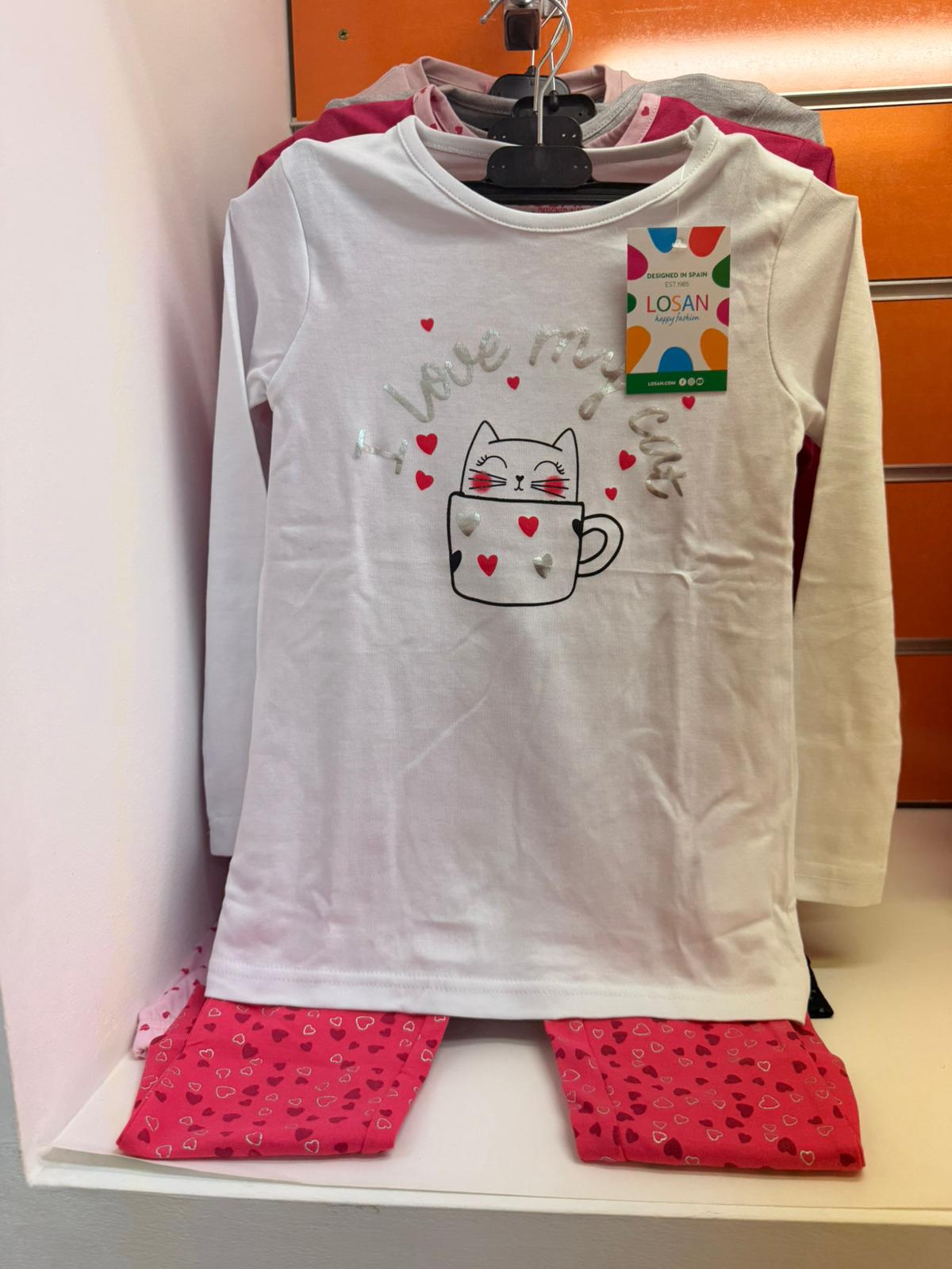 Pijama niña Losan Love My Cat blanco y rosa con corazones, talla 6 años