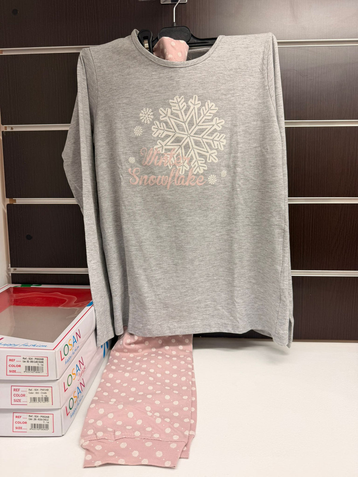 Pijama niña Losan gris claro vigoré Winter Snowflake con pantalón rosa, talla 14