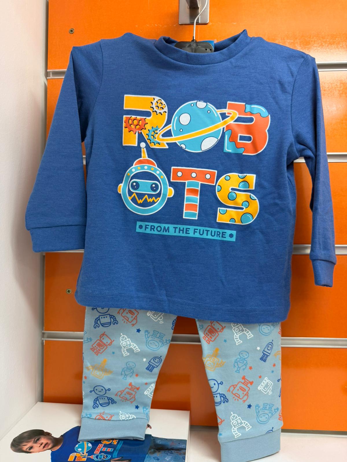 Pijama infantil niño azul con robots, talla 1