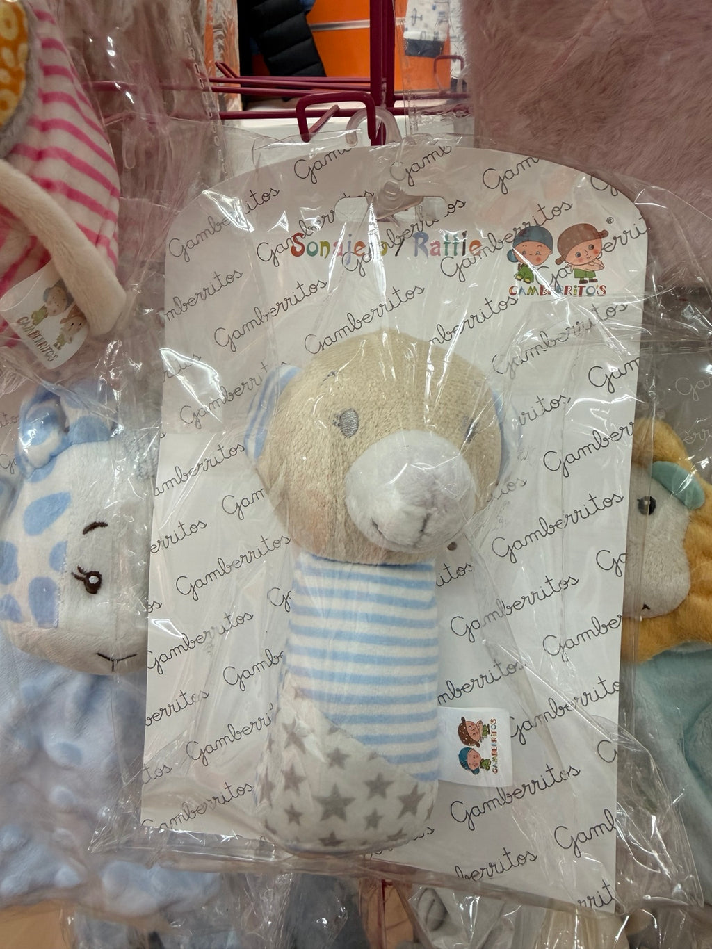 Sonajero infantil Gamberritos de peluche en tonos azul, beige y gris con rayas y estrellas