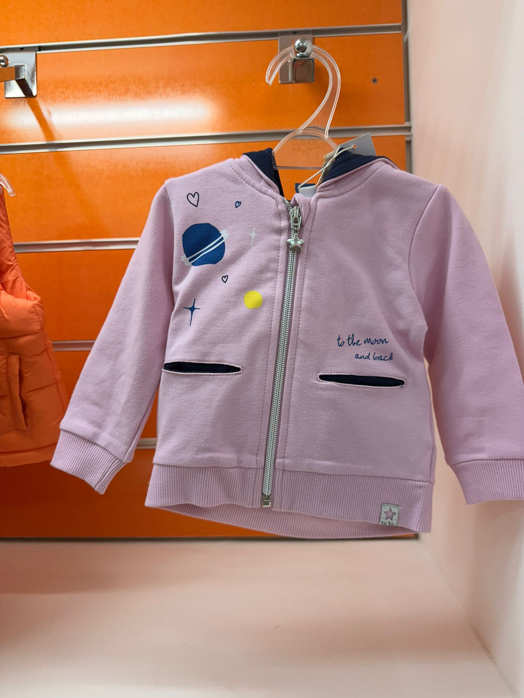 Sudadera bebé Tuc Tuc rosa Galaxy Friends con capucha, talla 9 meses, vista frontal