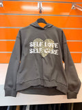 Sudadera de niña Losan gris oscuro con capucha, corazón animal print y texto Self Love Self Care