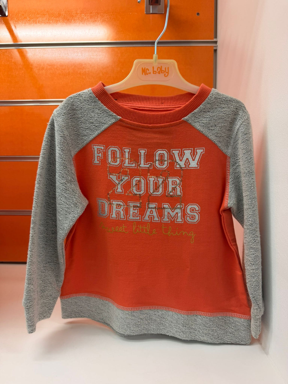 Sudadera niña Losan naranja y gris Follow Your Dreams, talla 3 años