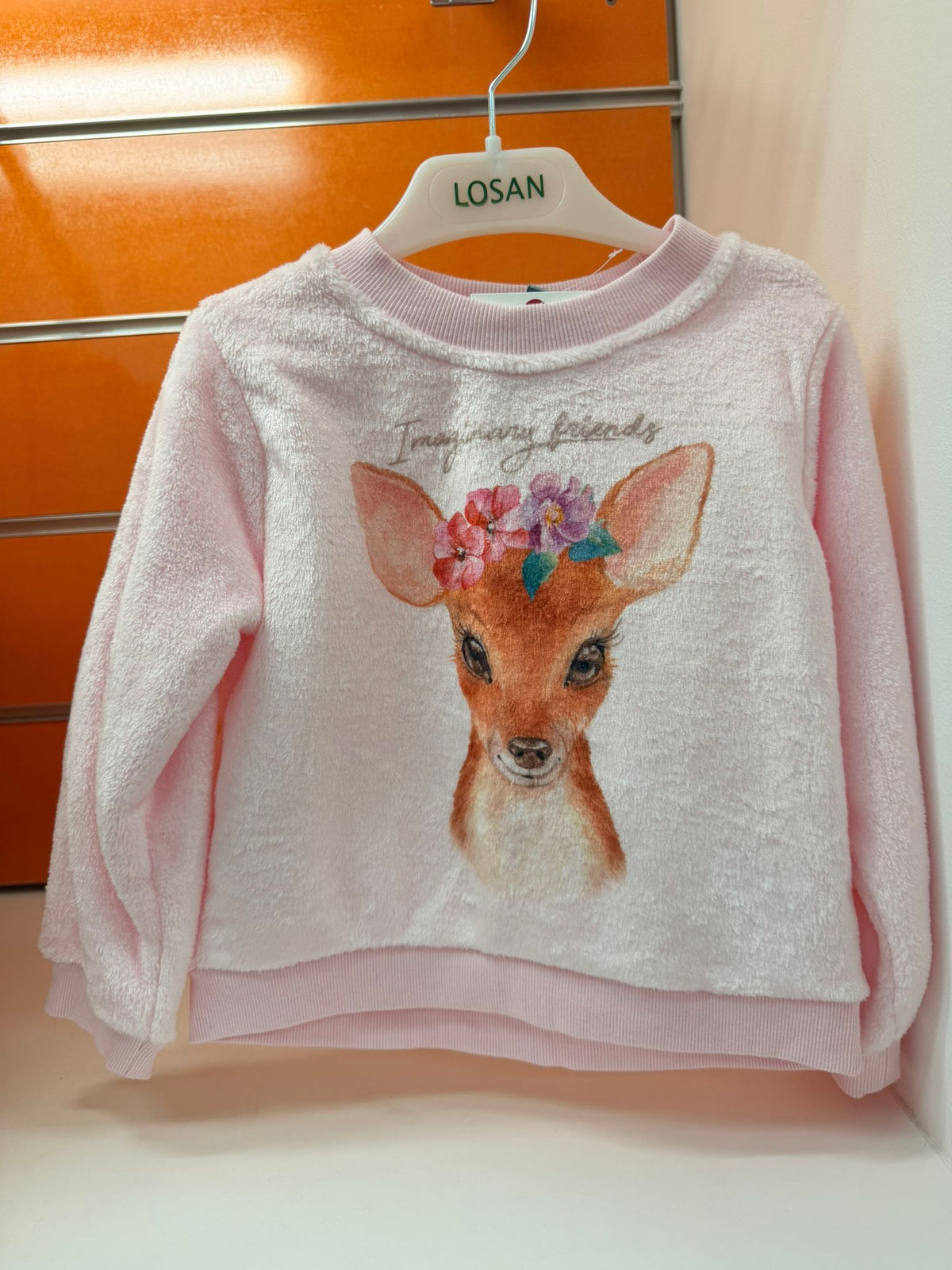 Sudadera niña Losan rosa de tacto suave con ciervo, talla 3 años