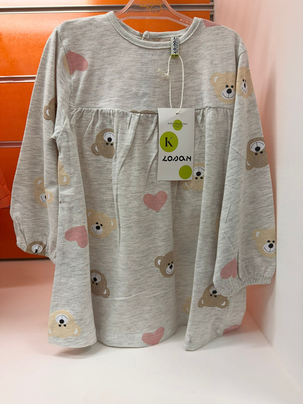 Vestido bebé Losan Teddy ecru con ositos y corazones, talla 12-18 meses