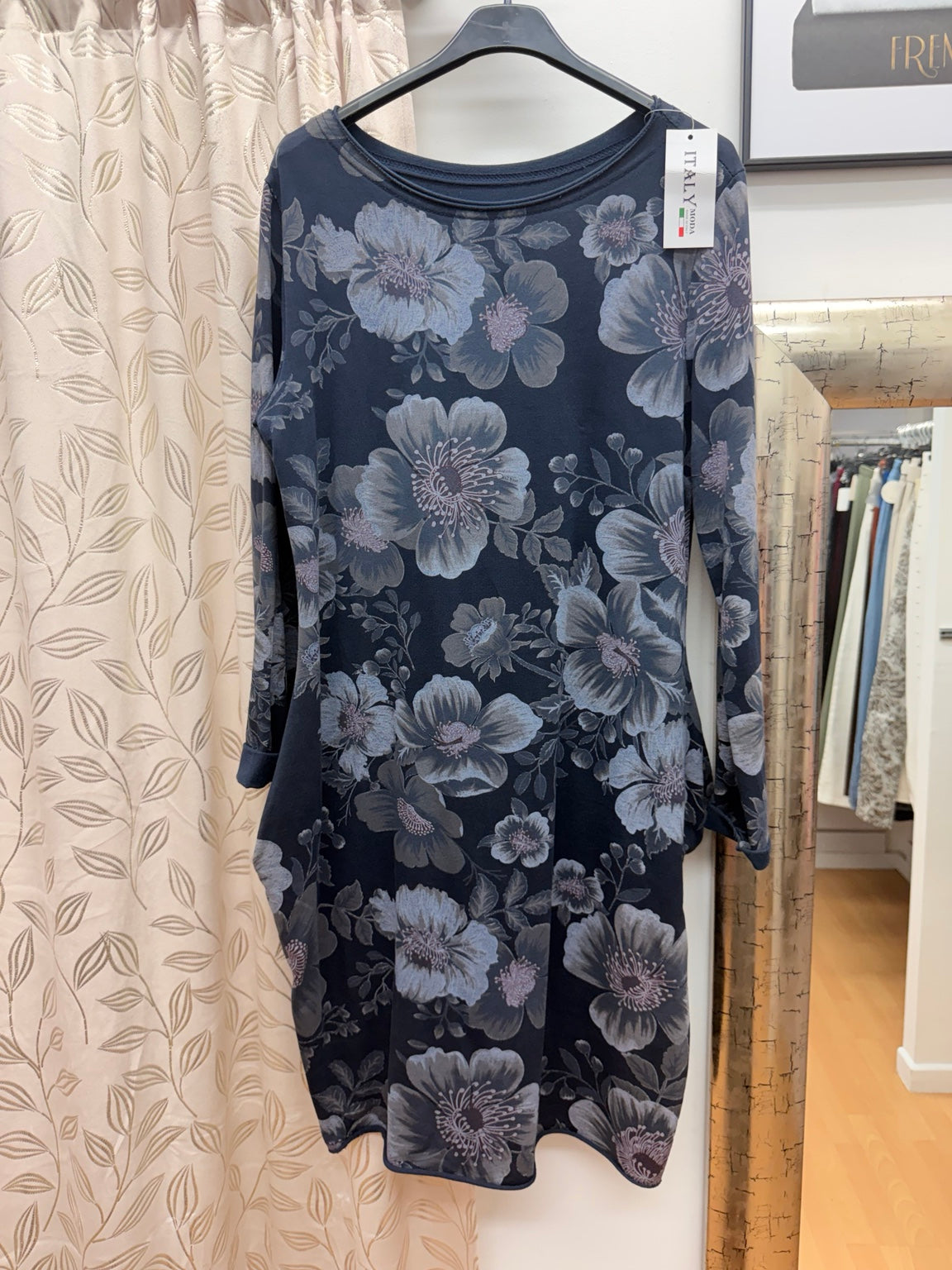 Vestido de mujer de manga larga con estampado floral azul grisáceo