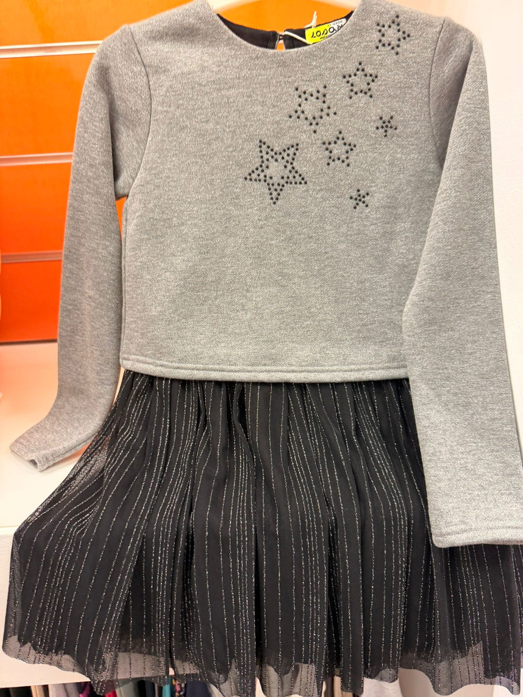 Vestido niña Losan gris melange con estrellas y falda de tul negra, talla 7 años