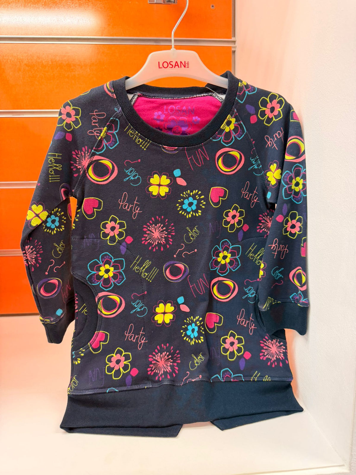 Vestido sudadera niña Losan azul marino estampado, talla 2 años